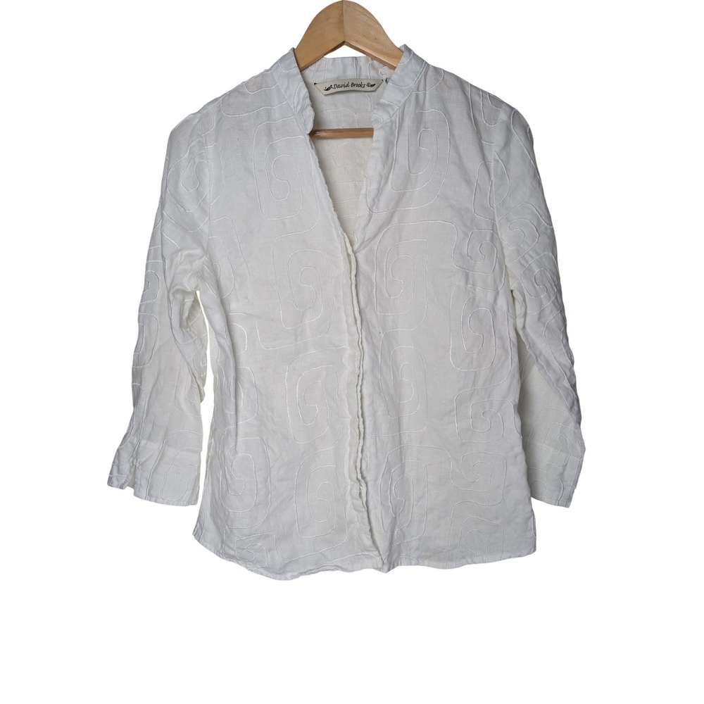 David Brooks White 100% Linen Embroidered Swirl Blouse Mandarin Collar Size M
